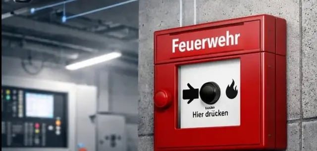 Feuerwehr-Druckknopfmelder und Rauchmelder einer Brandmeldeanlage