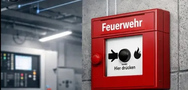 Feuerwehr-Druckknopfmelder und Rauchmelder einer Brandmeldeanlage